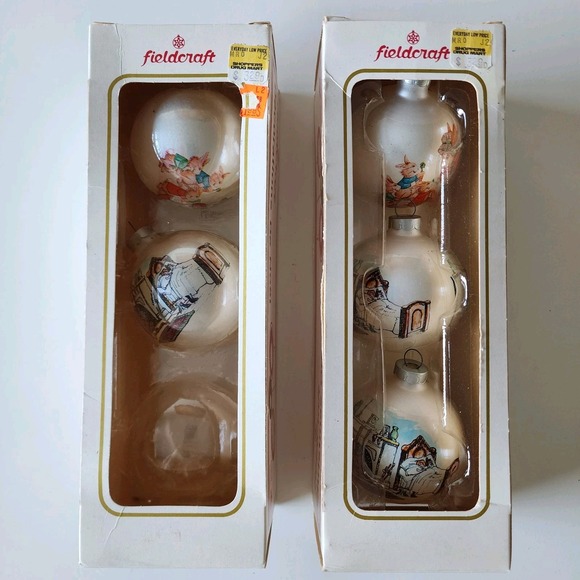Bunnykins Other - Bunnykins Christmas Ornaments Beatrix Potter Bed Fireplace Rabbits Glass Vintage